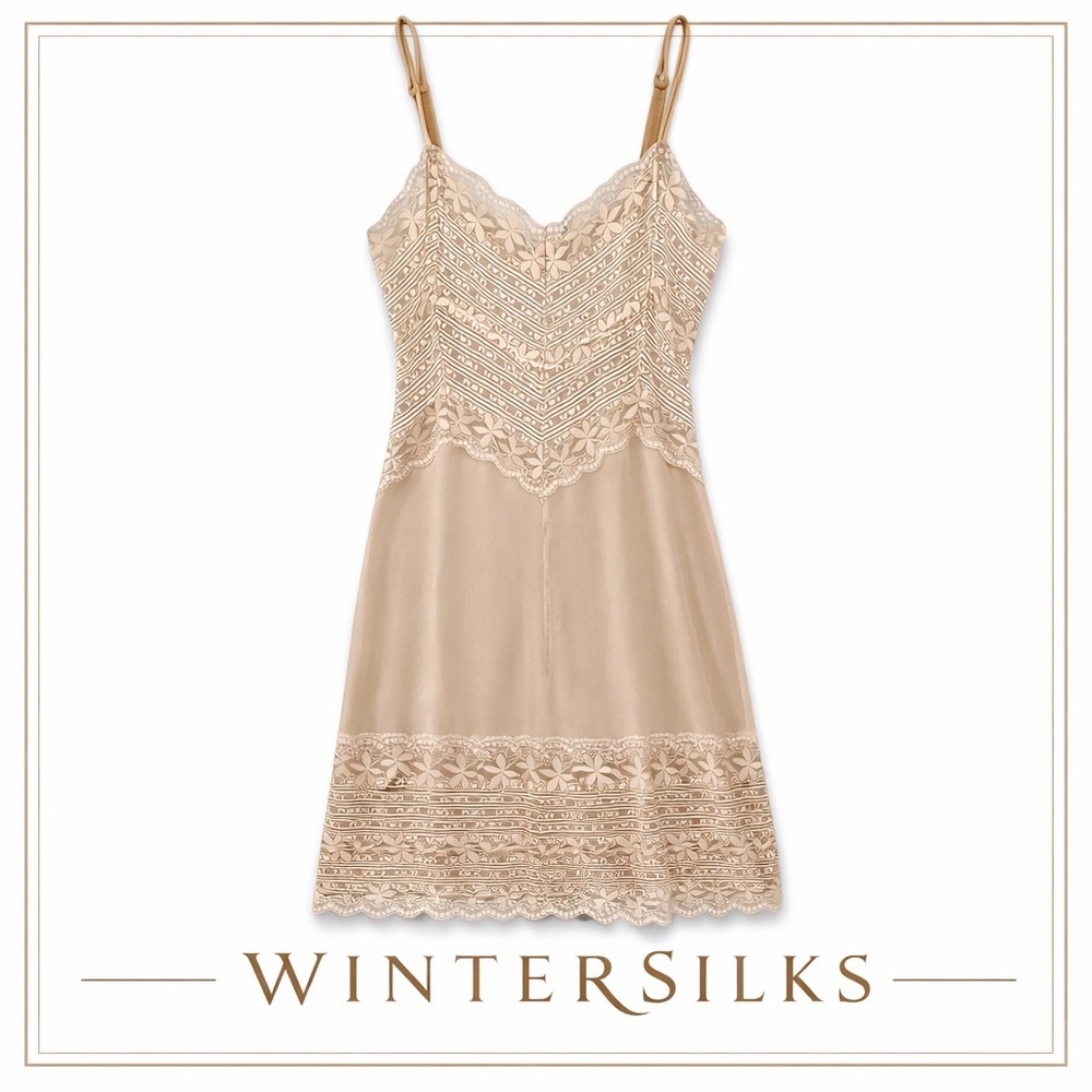 WinterSilks Womens Silk Lace Chemise Slip Dress Nude Beige Lace Trim Size S
